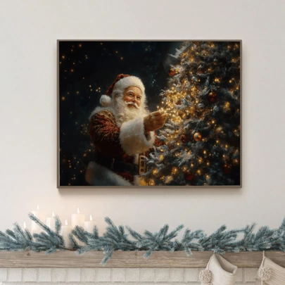 1 件、复古圣诞树印刷品、圣诞老人油画、深色调圣诞墙面装饰、冬季假期用品、带画框的圣诞节墙面艺术、墙面艺术、海报、帆布材料（可选画框）、圣诞礼物、特殊礼物、家居装饰、厨房装饰、客厅装饰、卧室装饰、办公室装饰、圣诞快乐、圣诞装饰品