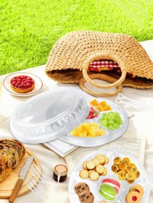 1/5/10 件圆形塑料蔬菜托盘带盖水果托盘 6 分隔隔间容器，含 100 件叉子，食物盛放蘸酱拼盘可重复使用餐饮托盘，适用于蔬菜水果小吃派对和自助餐托盘