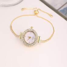 2025 Nouvelle montre-bracelet femme à la mode de couleur or avec strass, petit cadran rond mignon, montre-bracelet de luxe avec bracelet en strass or, montre à quartz en alliage, cadeau/cadeau de la Saint-Valentin/cadeau du festival Qixi/port quotidien - Montre à quartz avec fond doré - Voir 3
