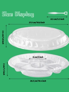 1/5/10 件圆形塑料蔬菜托盘带盖水果托盘 6 分隔隔间容器，含 100 件叉子，食物盛放蘸酱拼盘可重复使用餐饮托盘，适用于蔬菜水果小吃派对和自助餐托盘