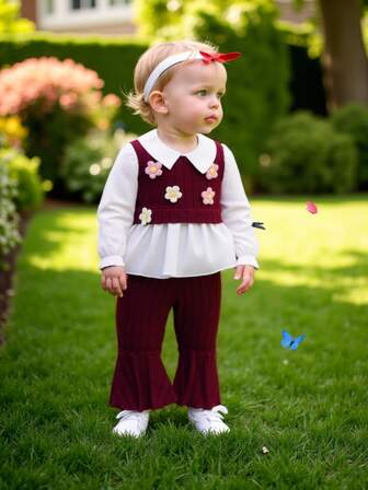 2pcs Baby Girls' Sweet Ruffled Collar 2 In 1 Striped Decor 3D Flower Top + Casual Striped Flare Pants Set