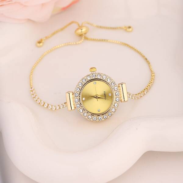 2025 New Fashionable Women's Gold Color Rhinestone Bracelet Watch, Cute Round Small Dial Luxury Gold Rhinestone Strap Bracelet Watch, Alloy Quartz Watch, Gift/Valentine's Day Gift/Qixi Festival Gift/Daily Wear