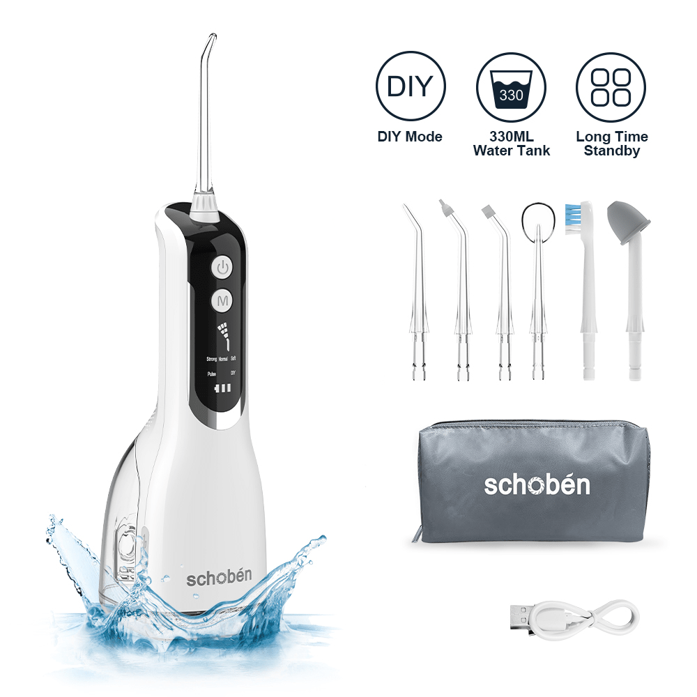 Irrigador Oral Portátil Schoben, Fio Dental Elétrico Recarregável por USB com Reservatório de Água de 330ml, Limpador Dental à Prova d'Água IPX7, Opções de Configuração Múltiplas
