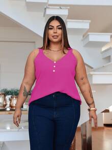 Duna Women's Plus Size Tank Top With Pearl Buttons GG G1 To G3 - 粉紅洋紅色 - 查看 4
