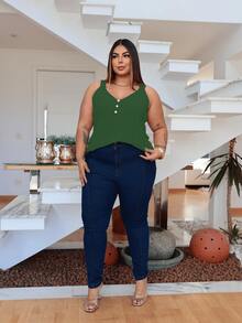Duna Women's Plus Size Tank Top With Pearl Buttons GG G1 To G3 - Army Green - View 2