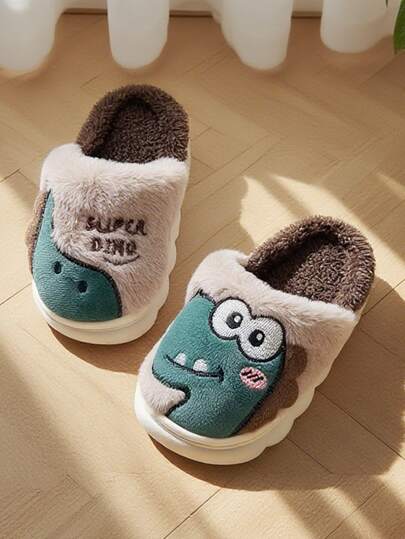 Papuci noi de Halloween, pufoși, căptușiți, pentru băieți și fete și bebeluși, papuci brodați, calzi și confortabili, cu vârful închis, pentru casă și exterior, pantofi ușori pentru dormitor, cu modele drăguțe de animale cu dinozauri pentru copii mici, toamna și iarna