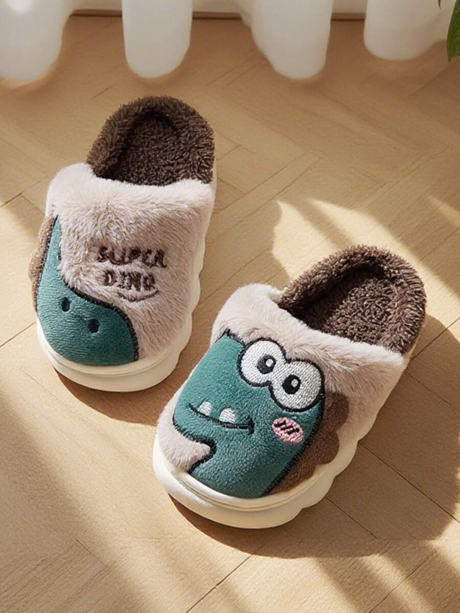 新款毛绒内衬拖鞋，男女童及婴儿皆宜，保暖舒适，刺绣包头设计，居家户外皆可穿着。轻便的卧室鞋，饰有可爱的恐龙图案，适合儿童和幼儿秋冬季穿着。 - 咖啡棕 - 查看 1
