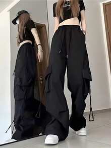 Pantalones de chándal negros de cintura alta para mujer, pantalones de chándal holgados de cintura alta con cordón y bolsillos grandes, adecuados para ropa informal, adecuados para primavera, verano y otoño - Negro - Ver 2