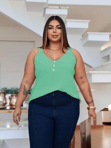 Duna Women's Plus Size Tank Top With Pearl Buttons GG G1 To G3 - 綠水 - 查看 4