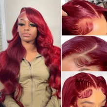 Eulisi 13x4 99J 波浪蕾丝前假发万圣节装扮假发真人发勃艮第酒红色预拔 180% 密度高清透明蕾丝前假发红色真人发女士彩色派对假发 - 酒紅色 - 查看 18