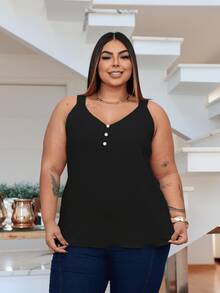Duna Women's Plus Size Tank Top With Pearl Buttons GG G1 To G3 - 黑色 - 查看 6