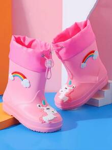 2025 New Children's Mid-Calf Rain Boots, Thick Warm Durable Rubber Boots, Cute Cartoon Drawstring Design, Waterproof, Non-Slip, High-End Rubber Shoes For Boys And Girls, Elementary School Students, Fresh Style Mid-Calf Rain Boots, Sturdy And Reliable - Pink - View 2
