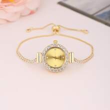 2025 Nouvelle montre-bracelet femme à la mode de couleur or avec strass, petit cadran rond mignon, montre-bracelet de luxe avec bracelet en strass or, montre à quartz en alliage, cadeau/cadeau de la Saint-Valentin/cadeau du festival Qixi/port quotidien - Montre à quartz avec fond doré - Voir 9