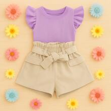 Children's Set Cropped Frufru Blouse + Linen Clochard Shorts Kit With 2 Super Stylish Pieces CJI033 - 裸色和淡紫色 - 查看 2