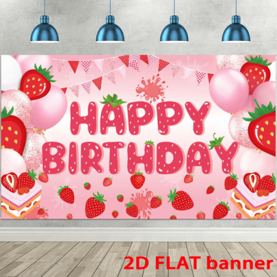 2D 플랫 딸기 생일 배너, 생일 파티 장식, 다채로운 배경, 생일 축하 마당 표지 배경, 실내 실외 생일 파티 용품, 생일 축하 요소 배경 천, 실내/실외 파티, 사진, 가정 장식, 차고 문 디스플레이에 적합, 전원 필요 없음, 생일 파티 장식