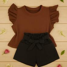 Children's Set Cropped Frufru Blouse + Linen Clochard Shorts Kit With 2 Super Stylish Pieces CJI033 - 黑色和棕色 - 查看 2