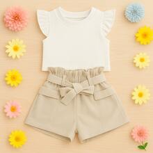 Children's Set Cropped Frufru Blouse + Linen Clochard Shorts Kit With 2 Super Stylish Pieces CJI033 - Nude and Off - View 2