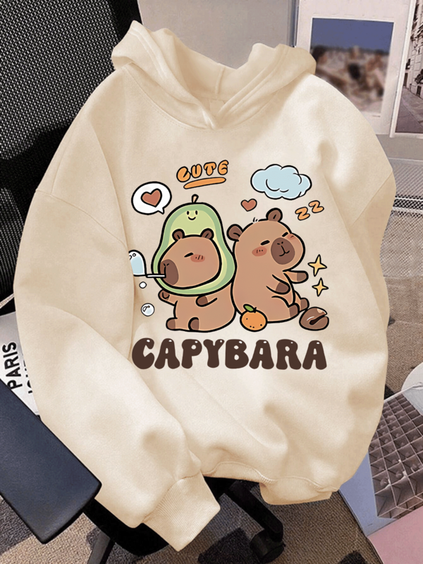 La sudadera con capucha para niña preadolescente es una prenda deportiva de manga larga con capucha con un estilo Y2K. Presenta lindos patrones de capibara, siendo tanto sencilla como de moda. Es adecuada para el uso casual diario y se puede usar en primavera, otoño e invierno.
