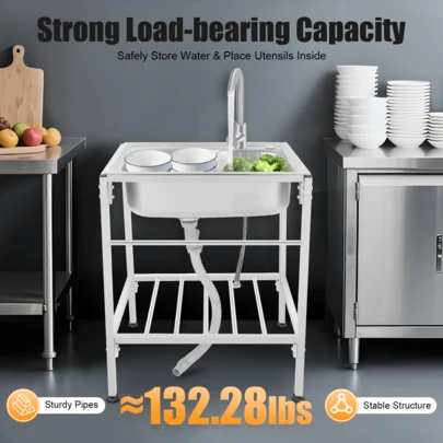 60*45*75cm Silver Adjustable Height Kitchen Sink Stainless Steel Large Washing Space Single Sink Kitchen Basin Sink Faucet Restaurant