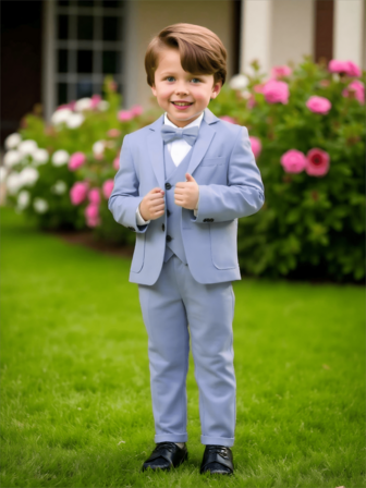 三件套男童西装套装，新款花童婚礼正式服装，适合幼儿、小童、大童、青少年穿着的演出服，包含西装外套、裤子和领结。
