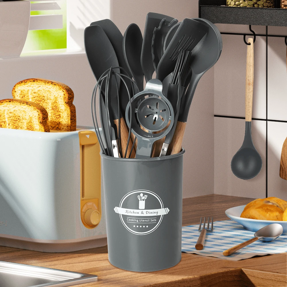 Lislark 14pcs Silicone & Stainless Steel Non-Stick Cookware Set With Ergonomic Black/Yellow Non-Slip Handle - Complete Kitchen Utensil Collection For Baking, Grating, Slicing, Mixing, Serving - Dishwasher & Space-Saving Design, Small Cooking Utensils - Black - View 1