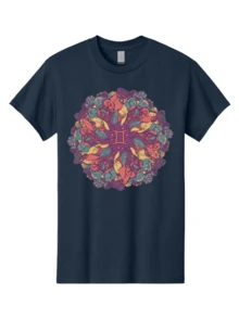 Gemini-Zodiac-Mandala Men's Graphic Tee, 100% Cotton, Comfortable Casual Summer Wear, Machine Washable, Travel Clothes, Gemini Zodiac Symbol, Mandala Art, Floral Patterns, Paisley Designs, Purple, Pink, Blue, Yellow Hues, Intricate Details, Bohemian Style, Mystical Vibes, Astrology, Zodiac SignsClothing Salesgraphic T-Shirt, Custom T-Shirt, Funny T-Shirt, Men's T-Shirt, Top, Crew Neck - BAE184 - Navy Blue - View 1