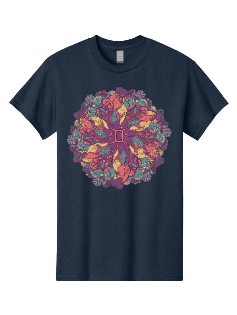 Gemini-Zodiac-Mandala Men's Graphic Tee, 100% Cotton, Comfortable Casual Summer Wear, Machine Washable, Travel Clothes, Gemini Zodiac Symbol, Mandala Art, Floral Patterns, Paisley Designs, Purple, Pink, Blue, Yellow Hues, Intricate Details, Bohemian Style, Mystical Vibes, Astrology, Zodiac SignsClothing Salesgraphic T-Shirt, Custom T-Shirt, Funny T-Shirt, Men's T-Shirt, Top, Crew Neck - BAE184 - Navy Blue - View 1