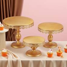 Set Of 3 Round Metal Cake Stand Set, Displaying Table For Birthday Party Cake Display Baby Shower Wedding Pastry Decor Supplies Cupcake Dessert Decoration - 金色 - 查看 6