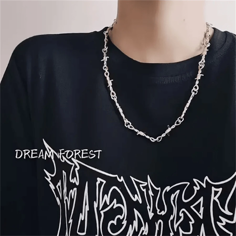 Hip-Hop Punk Style Barbed Wire Chain Necklace - White Golden-Plated Zinc Alloy Edgy Streetwear Jewelry For Daily Wear & Parties, Year-Round Bold Accessory - Bạc - Xem 1