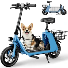 WIND HORSE 12.5'' Electric Scooter With Seat & Pet Basket, Electric Scooter Adults 15.5MPH & 20 Miles Range, 450W Motor, Dual Disc Brakes & Bright Headlight, 36V 8.0Ah Battery Foldable E-Scooter With Dual Baskets For Pets & Cargo, 265LBS Load