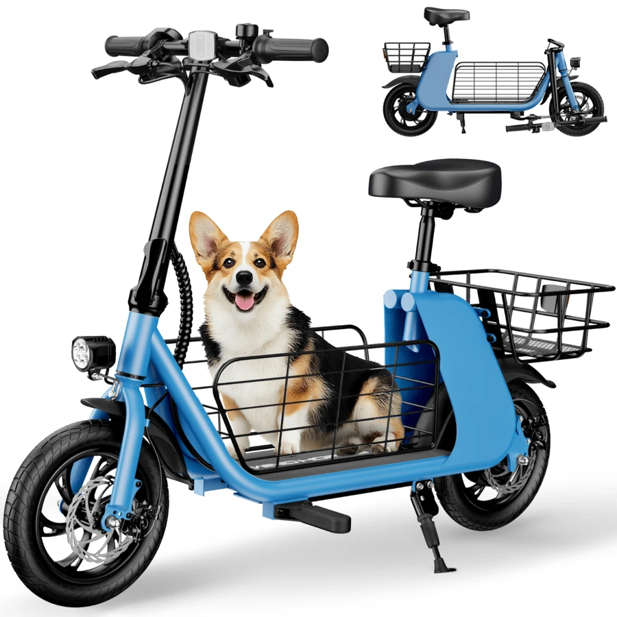 WIND HORSE 12.5'' Electric Scooter With Seat & Pet Basket, Electric Scooter Adults 15.5MPH & 20 Miles Range, 450W Motor, Dual Disc Brakes & Bright Headlight, 36V 8.0Ah Battery Foldable E-Scooter With Dual Baskets For Pets & Cargo, 265LBS Load
