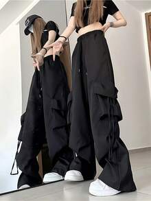 Pantalones de chándal negros de cintura alta para mujer, pantalones de chándal holgados de cintura alta con cordón y bolsillos grandes, adecuados para ropa informal, adecuados para primavera, verano y otoño - Negro - Ver 4