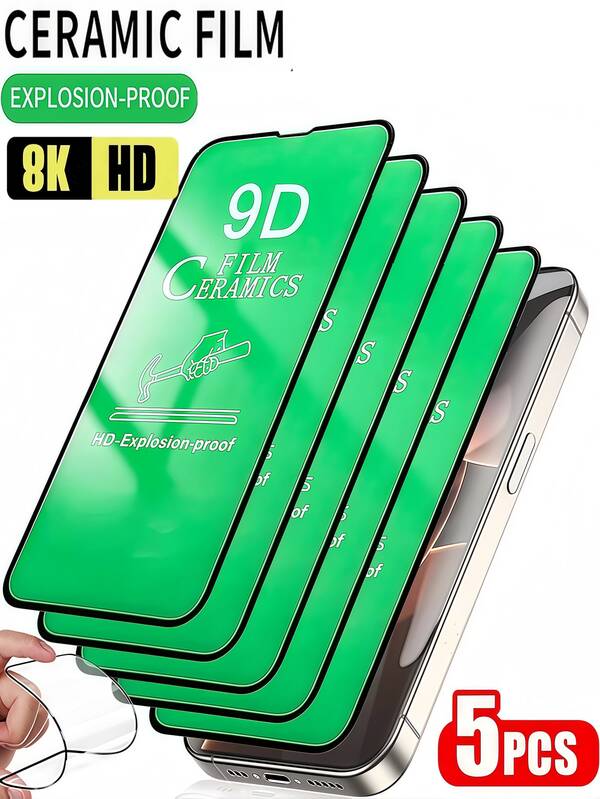Película macia de cerâmica HD de 5 peças compatível com iPhone, resistente a arranhões e riscos, sem bolhas, resistente a arranhões e impressões digitais, cobertura total, sensível ao toque, fácil de instalar, superfície brilhante de alta definição, à prova de explosão, adsorção automática, alta dureza, design à prova de poeira com bordas arredondadas (não é vidro), itens essenciais para proteção de tela, aplicável para proteção diária, escritório, protetor de tela de telefone residencial, acessórios para telefone, à prova d'água, à prova de choque e antiqueda