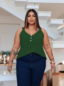 Duna Women's Plus Size Tank Top With Pearl Buttons GG G1 To G3 - Army Green - View 4