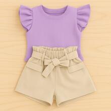 Children's Set Cropped Frufru Blouse + Linen Clochard Shorts Kit With 2 Super Stylish Pieces CJI033 - 裸色和淡紫色 - 查看 1