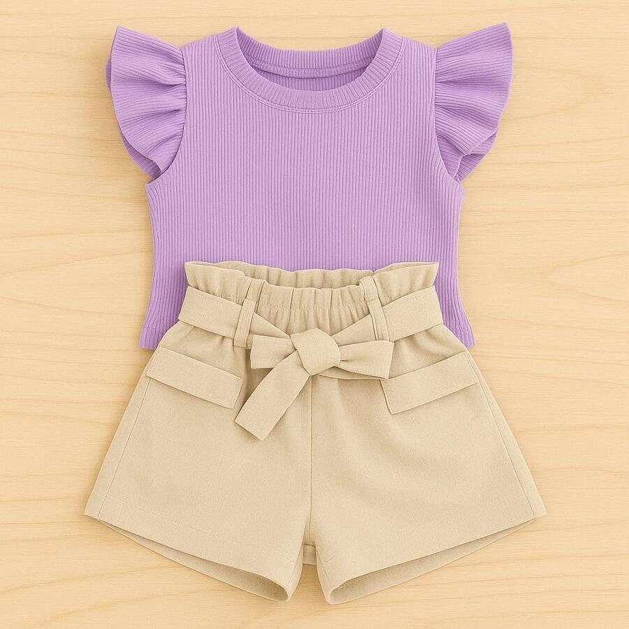 Children's Set Cropped Frufru Blouse + Linen Clochard Shorts Kit With 2 Super Stylish Pieces CJI033 - 裸色和淡紫色 - 查看 1