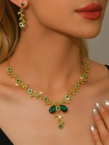 3 件套女士首饰套装，锌合金花朵形状，可调节项链，吊式耳环，高端新娘多功能首饰套装，婚礼舞会、派对、宴会可佩戴首饰套装 - 白色 - 查看 12