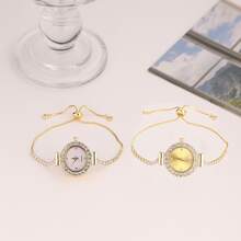 2025 Nouvelle montre-bracelet femme à la mode de couleur or avec strass, petit cadran rond mignon, montre-bracelet de luxe avec bracelet en strass or, montre à quartz en alliage, cadeau/cadeau de la Saint-Valentin/cadeau du festival Qixi/port quotidien - Montre à quartz avec fond doré - Voir 5