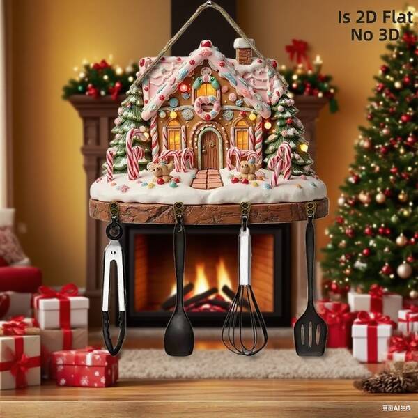 1 pieza Llavero de casa de pan de jengibre de madera - Estante de almacenamiento de pared de Navidad vintage con bucle colgante, decoración de entrada grande - Hecho de madera, adecuado para cocina, porche, sala de estar - Regalo de decoración del hogar navideño, diseño festivo, construcción, impresión plana 2D