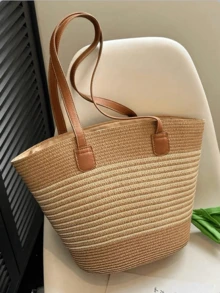 Multineos Comercial Large Capacity Straw Bag For Casual Vacation Beach Portable New Fashion Woven Shoulder Bag - 米色 - 查看 3