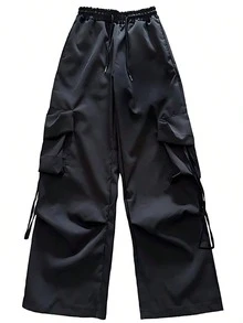 Pantalones de chándal negros de cintura alta para mujer, pantalones de chándal holgados de cintura alta con cordón y bolsillos grandes, adecuados para ropa informal, adecuados para primavera, verano y otoño - Negro - Ver 6