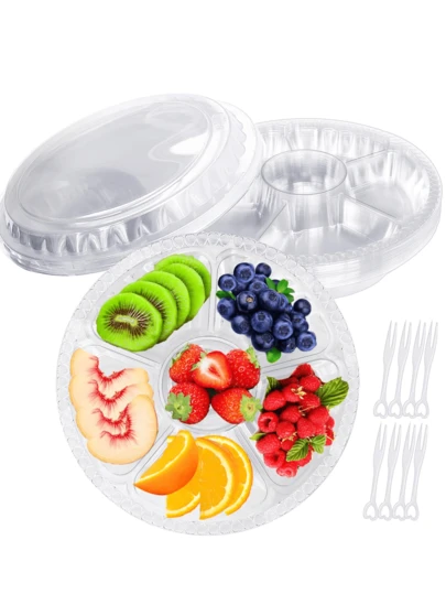 1/5/10 piezas Bandeja de plástico redonda con tapa para verduras y frutas con 6 compartimentos divididos, con 100 piezas de tenedores, bandejas de servir de alimentos con dip, bandejas de catering reutilizables para verduras, frutas, aperitivos, fiestas y bufés