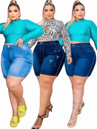 Kit 3 Shorts Plus Size Jeans Feminino Com Lycla (Elastano)