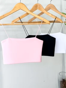 Women's 3-Piece Cropped Top Set Suplex Thin Straps Elastic Strappy Tank Top Summer Casual - Đen/Trắng/Hồng baby - Xem 1