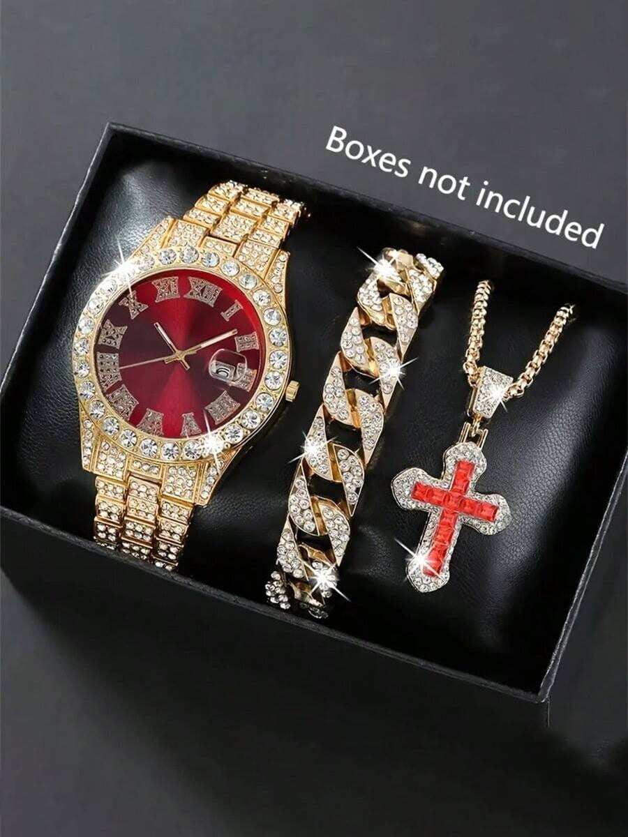 3 PCS Men's Simple Quartz Watch Set - With Calendar Function, Round Dial, With Personalized Cross Pendant Necklace And Chain Bracelet Combination, Stylish And Handsome, Suitable For Any Place To Wear/Gift
