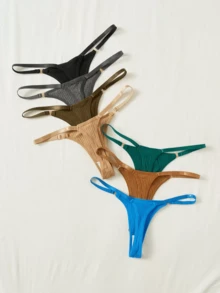 Kit Of 5 Ribbed Thong Panties With Bicolor Straps, Dental Floss, Premium Comfort Lingerie, Basic Women's Fashion - 彩色 - 查看 5