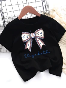 Girls' Graphic TShirt With Baseball Bow Print  Adorable Tee For Little League Fans  Soft & Comfortable Cotton Blend  Perfect For Casual Wear And Sports Outings  Stylish And Fun Design  Durable Fabric For Active Kids - 黑色 - 查看 2
