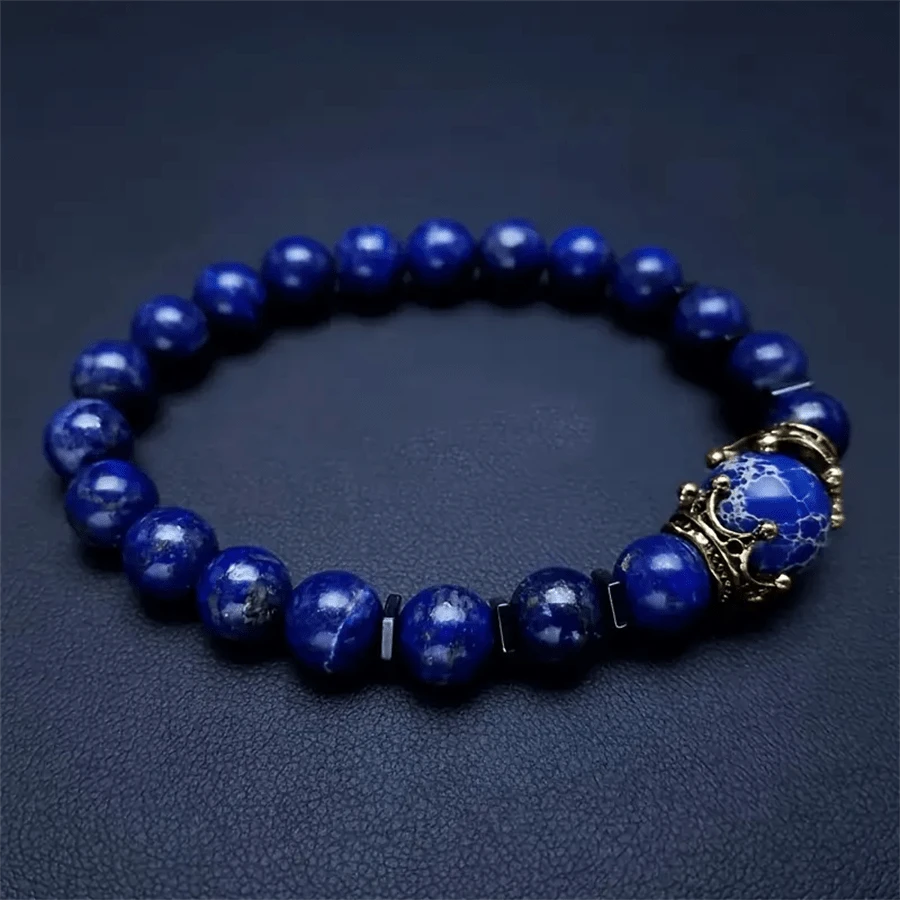 Men'S Royal Crown Bracelet - Luxury Tiger Eye Bead & Alloy Cuff, Adjustable Masculine Jewelry Gift For Him, Summer Fashion Accessory With Intricate Blue & Golden Design, Elegant Accessory, Highquality Craftsmanship, Stylish Hand Chain, Stylish Men, Premium Craftsmanship, Fashionconscious Men - 藍色 - 查看 1
