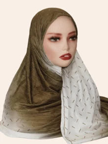 1pc Women's Elastic Hijab Soft Ombre Color Printed Striped Fabric Rectangular Scarf, Middle Eastern Style Rhinestone Decor, Fashionable Versatile Shawl For Daily Wear