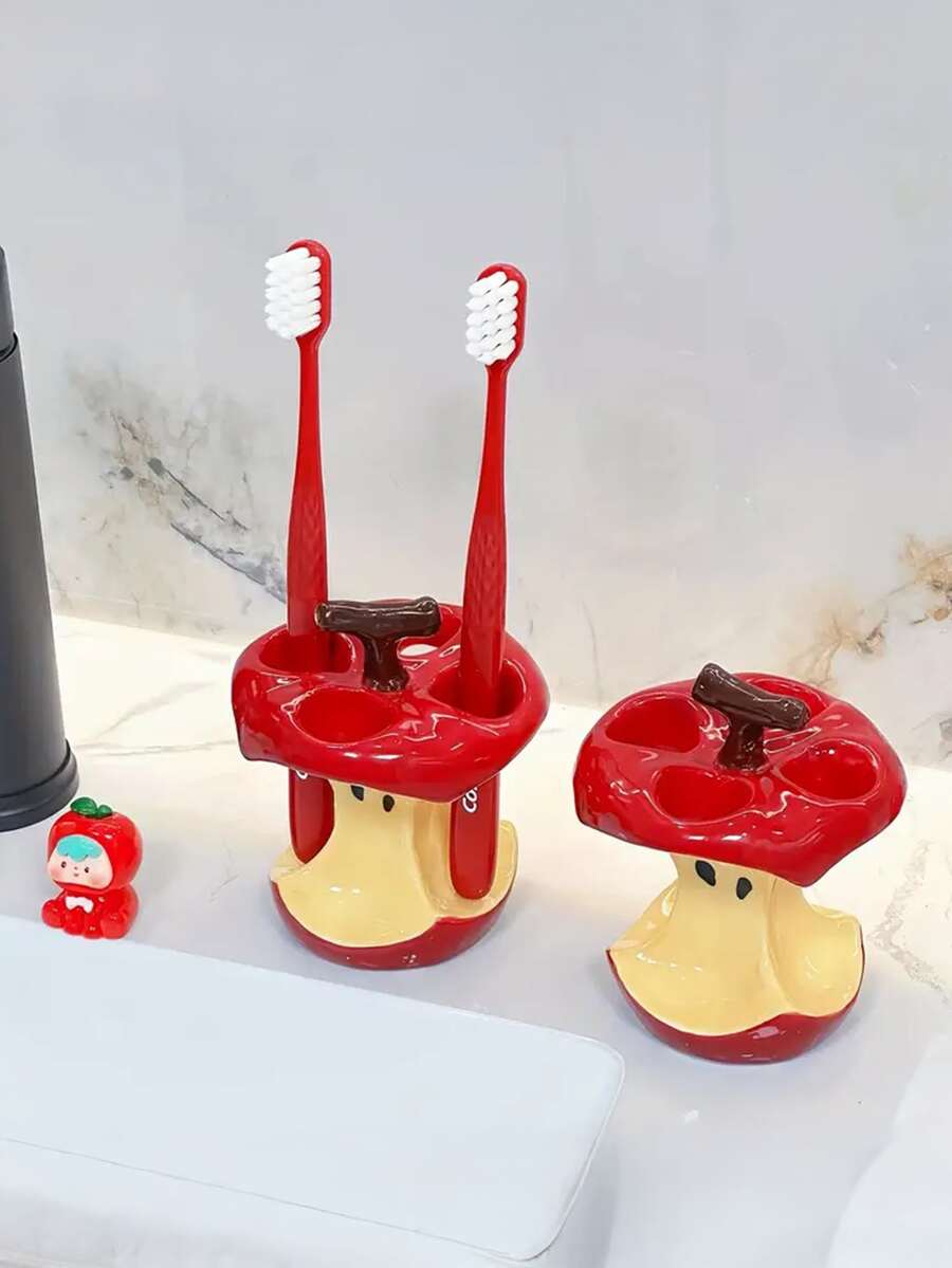 1 件原创设计趣味苹果核陶瓷牙刷架，牙刷架，陶瓷底座，浴室牙膏牙刷收纳架 - 浴室装饰，独立梳妆台顶部储物，耐用陶瓷节日礼物，家居装饰，浴室牙刷架，可爱装饰，光泽饰面，新颖装饰，家居爱好者必备